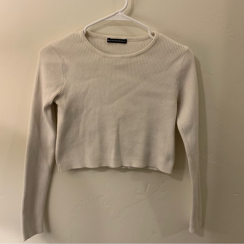 Brandy Melville Off-White Ribbed Long Sleeve Top